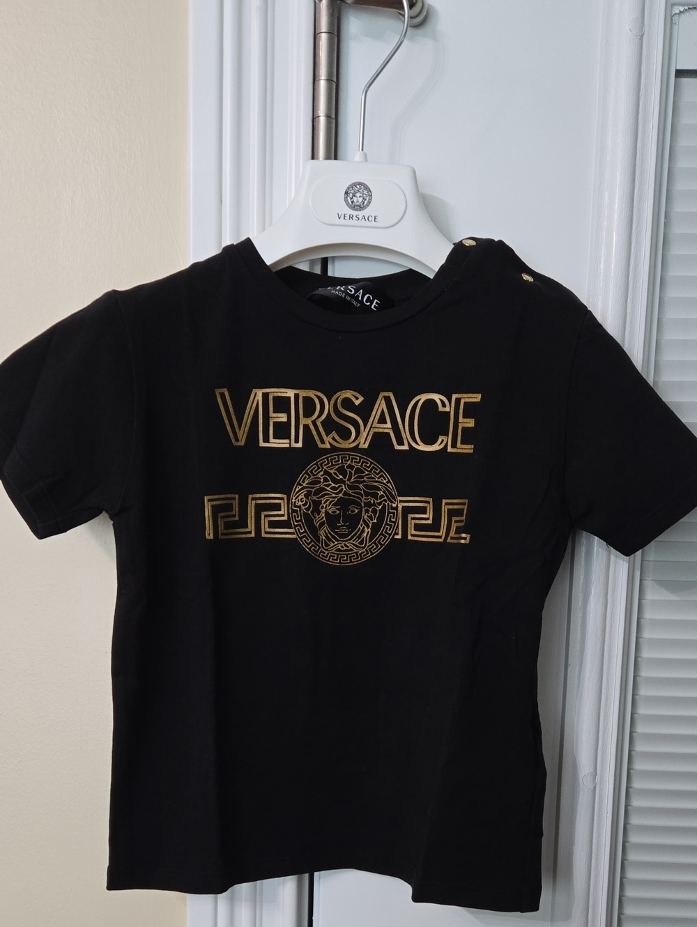 Versace Black Kids Tee with Gold Medusa Logo